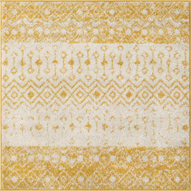 Ivory and Yellow 4' 1 x 4' 1 Tribal Trellis Square Area Rug Geometric Southwestern Inspired Durable Carpet for Home Interior Design for Sale at Rug Engine