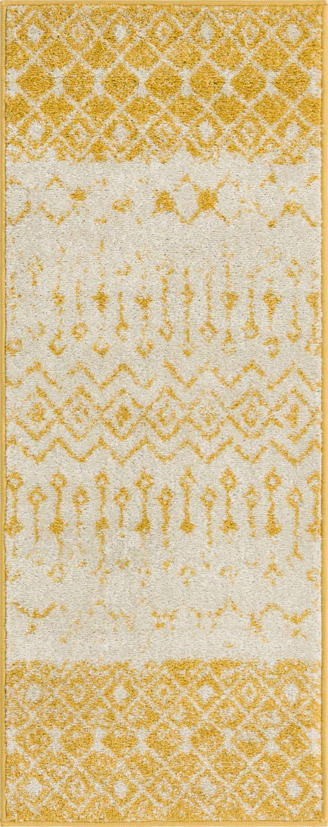 Ivory and Yellow 2' x 5' 3 Tribal Trellis Runner Area Rug Geometric Southwestern Inspired Durable Carpet for Home Interior Design for Sale at Rug Engine