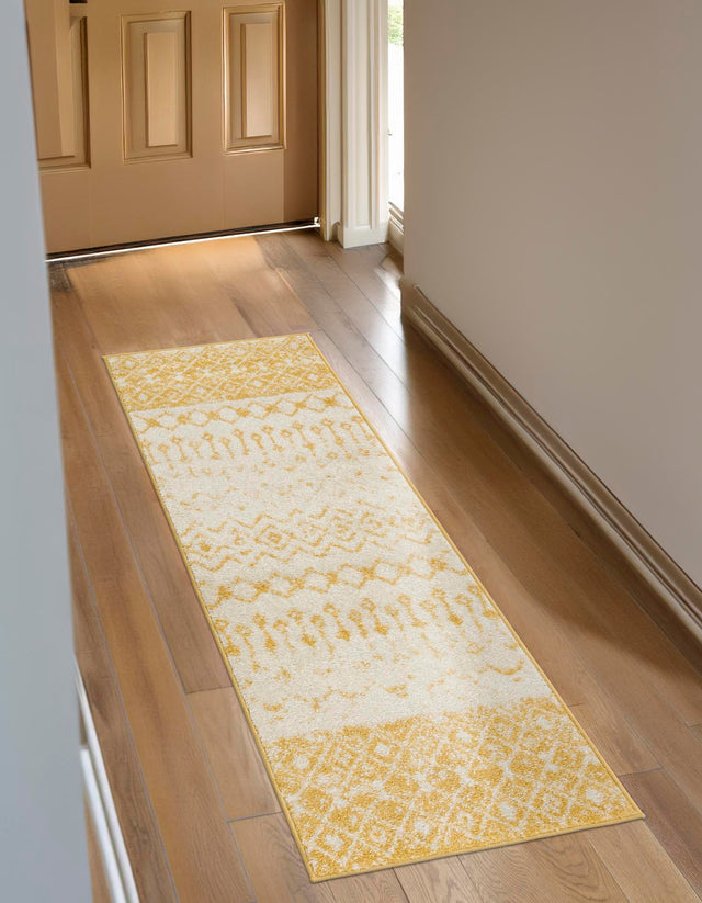 Ivory and Yellow 2' x 5' 3 Tribal Trellis Runner Area Rug Geometric Southwestern Inspired Durable Carpet for Home Interior Design for Sale at Rug Engine