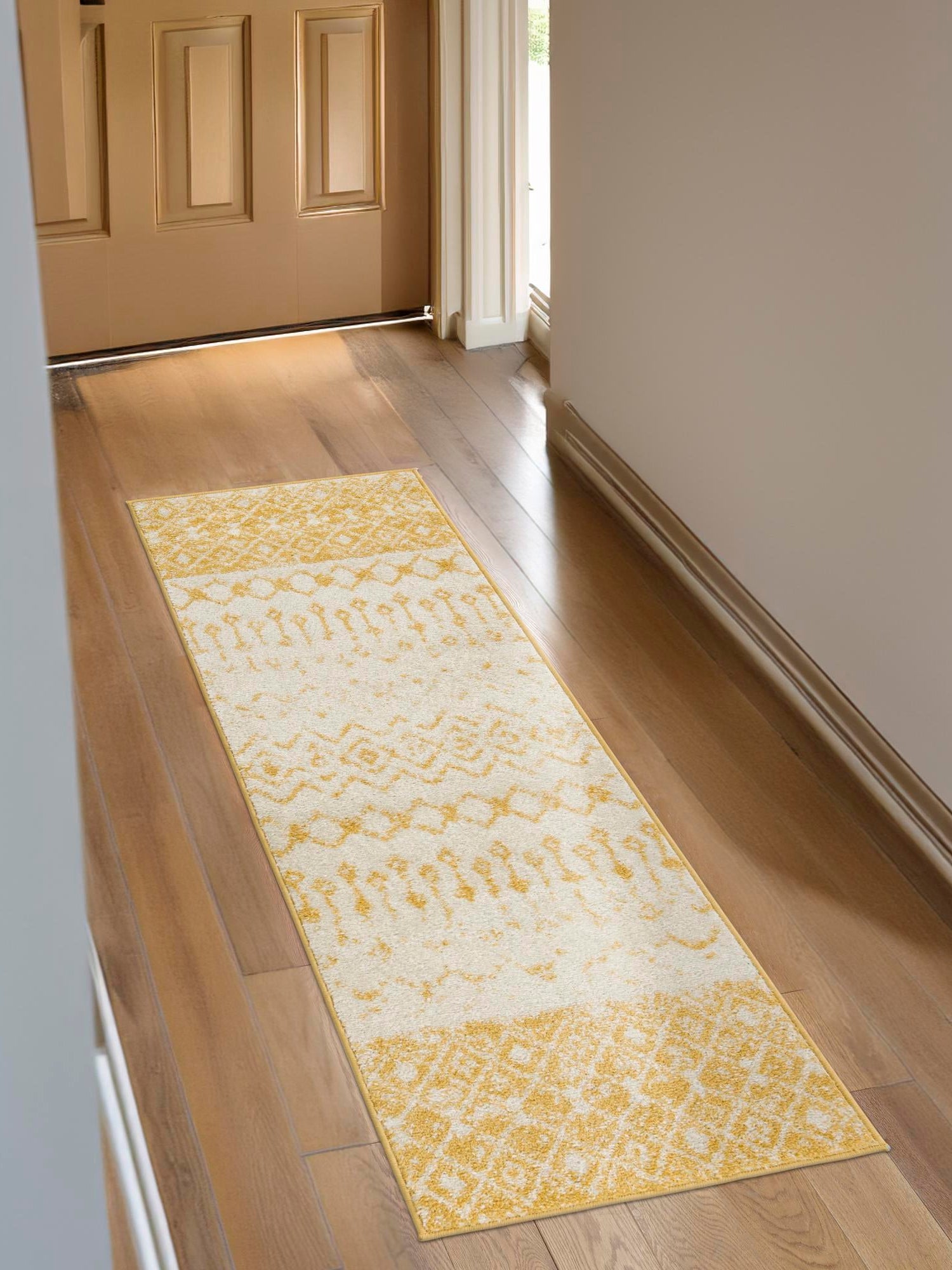 Ivory and Yellow 2' 7 x 12' Tribal Trellis Runner Area Rug Geometric Southwestern Inspired Durable Carpet for Home Interior Design for Sale at Rug Engine