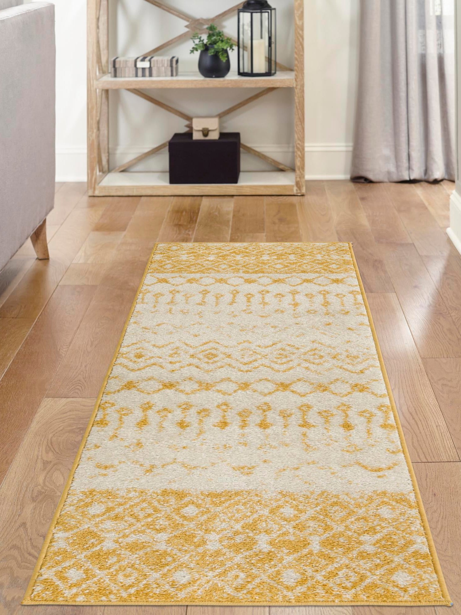 Ivory and Yellow 2' x 5' 3 Tribal Trellis Runner Area Rug Geometric Southwestern Inspired Durable Carpet for Home Interior Design for Sale at Rug Engine