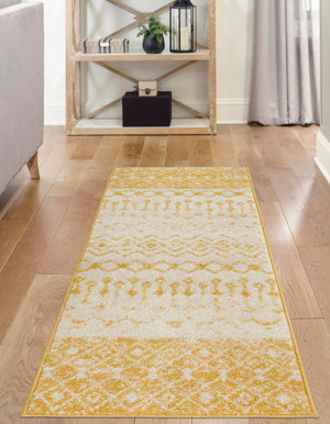 Ivory and Yellow 3' 3 x 16' 5 Tribal Trellis Runner Area Rug Geometric Southwestern Inspired Durable Carpet for Home Interior Design for Sale at Rug Engine