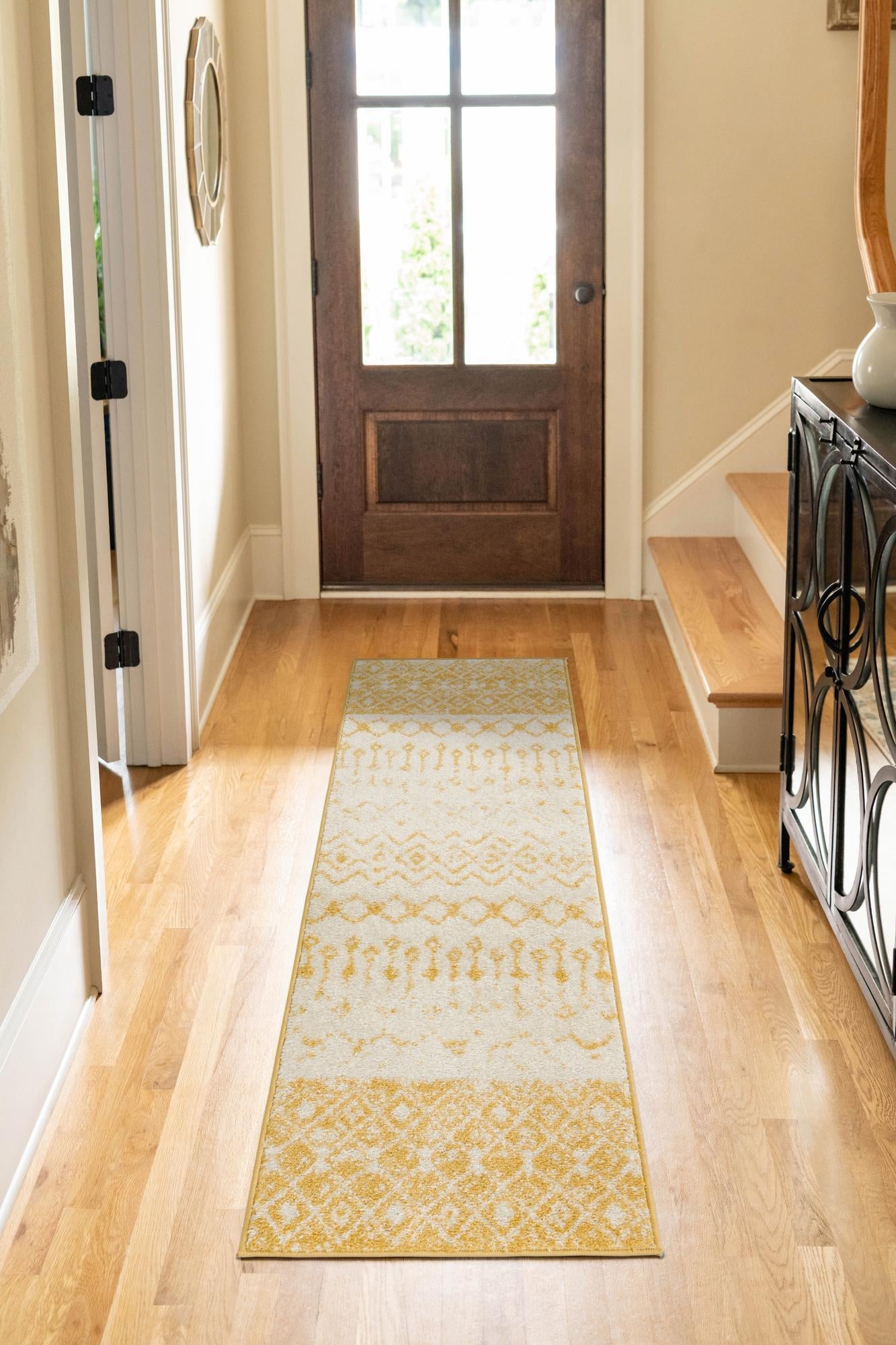 Ivory and Yellow 2' x 6' 1 Tribal Trellis Runner Area Rug Geometric Southwestern Inspired Durable Carpet for Home Interior Design for Sale at Rug Engine