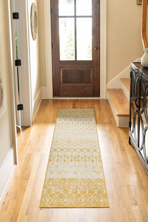 Ivory and Yellow 2' x 6' 1 Tribal Trellis Runner Area Rug Geometric Southwestern Inspired Durable Carpet for Home Interior Design for Sale at Rug Engine