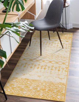 Ivory and Yellow 2' x 7' 1 Tribal Trellis Runner Area Rug Geometric Southwestern Inspired Durable Carpet for Home Interior Design for Sale at Rug Engine