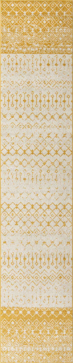 Ivory and Yellow 3' 3 x 16' 5 Tribal Trellis Runner Area Rug Geometric Southwestern Inspired Durable Carpet for Home Interior Design for Sale at Rug Engine