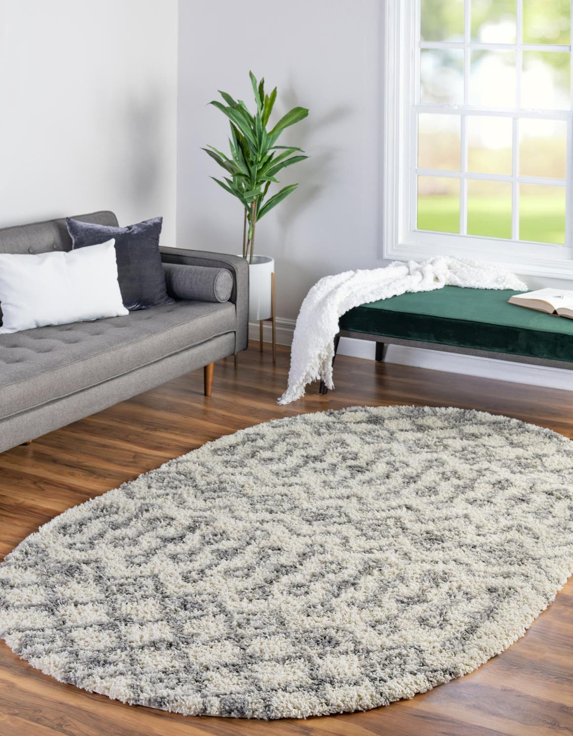 Ivory 5' 3 x 8' Moroccan Trellis Shag Oval Area Rug Thick Soft Touch Fluffy & Plush Shaggy Pile 100% Polypropylene Geometric Traditional Carpet for Sale at Rug Engine