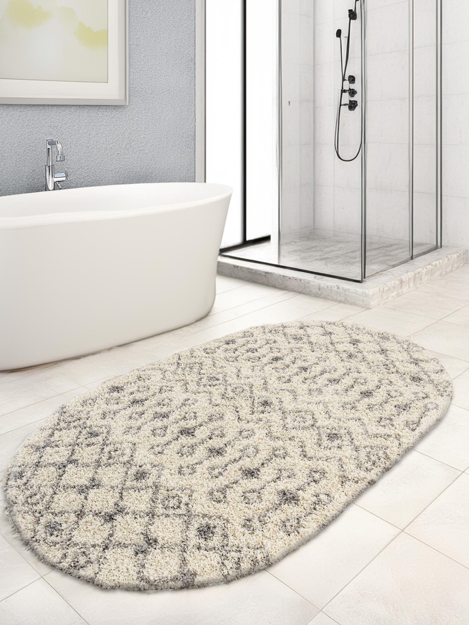 Ivory 7' 10 x 10' Moroccan Trellis Shag Oval Area Rug Thick Soft Touch Fluffy & Plush Shaggy Pile 100% Polypropylene Geometric Traditional Carpet for Sale at Rug Engine