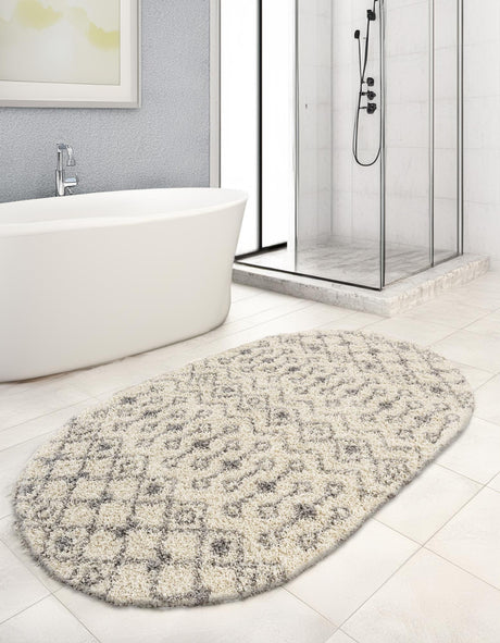 Ivory 7' 10 x 10' Moroccan Trellis Shag Oval Area Rug Thick Soft Touch Fluffy & Plush Shaggy Pile 100% Polypropylene Geometric Traditional Carpet for Sale at Rug Engine