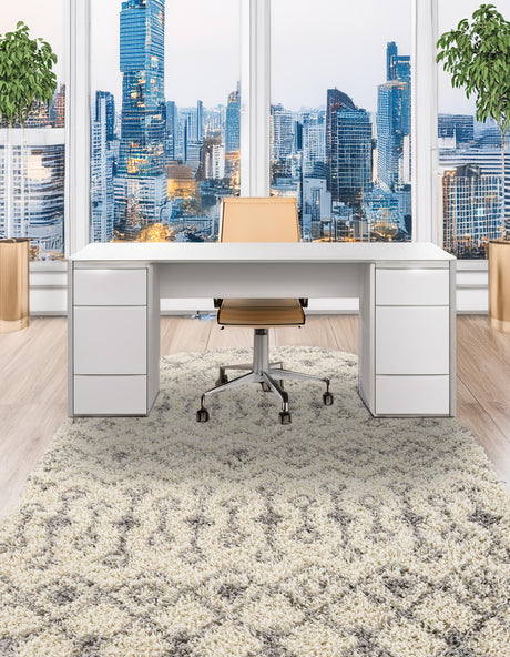 Ivory 4' 1 x 6' 1 Moroccan Trellis Shag Oval Area Rug Thick Soft Touch Fluffy & Plush Shaggy Pile 100% Polypropylene Geometric Traditional Carpet for Sale at Rug Engine