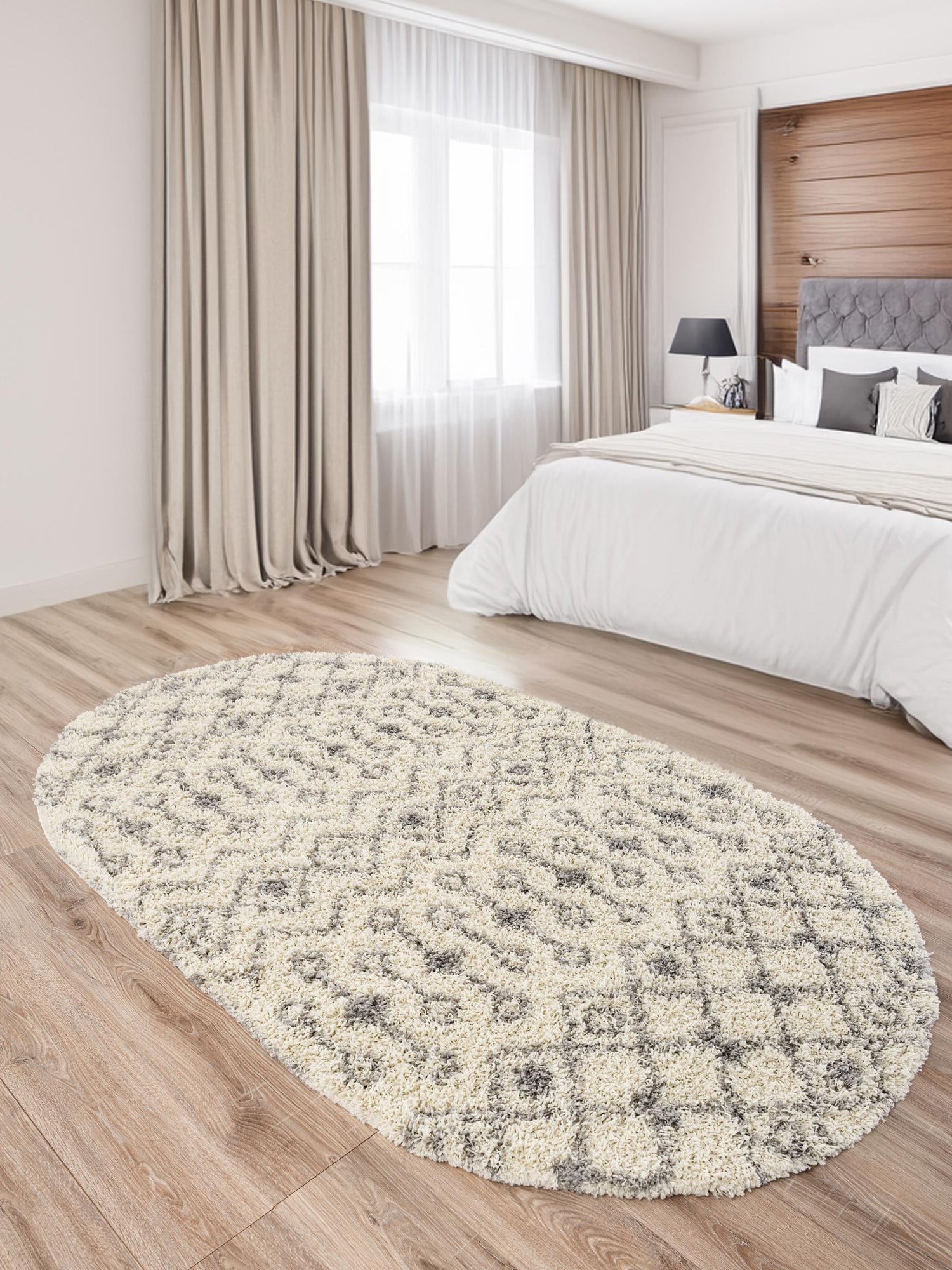 Ivory 4' 1 x 6' 1 Moroccan Trellis Shag Oval Area Rug Thick Soft Touch Fluffy & Plush Shaggy Pile 100% Polypropylene Geometric Traditional Carpet for Sale at Rug Engine
