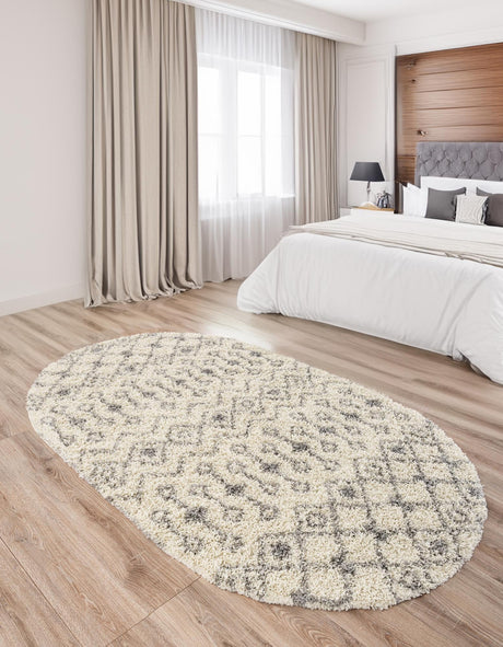 Ivory 7' 10 x 10' Moroccan Trellis Shag Oval Area Rug Thick Soft Touch Fluffy & Plush Shaggy Pile 100% Polypropylene Geometric Traditional Carpet for Sale at Rug Engine