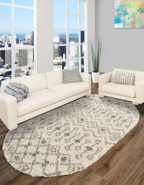Ivory 7' 10 x 10' Moroccan Trellis Shag Oval Area Rug Thick Soft Touch Fluffy & Plush Shaggy Pile 100% Polypropylene Geometric Traditional Carpet for Sale at Rug Engine