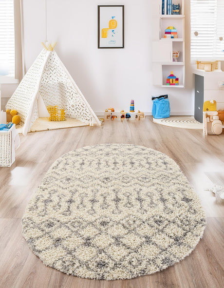 Ivory 7' 10 x 10' Moroccan Trellis Shag Oval Area Rug Thick Soft Touch Fluffy & Plush Shaggy Pile 100% Polypropylene Geometric Traditional Carpet for Sale at Rug Engine