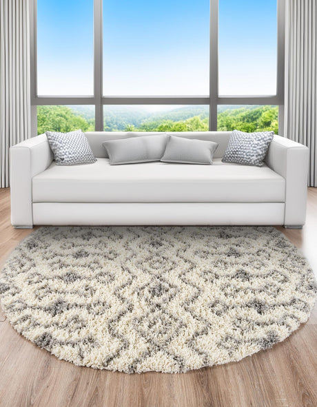 Ivory 3' 1 x 3' 1 Moroccan Trellis Shag Round Area Rug Thick Soft Touch Fluffy & Plush Shaggy Pile 100% Polypropylene Geometric Traditional Carpet for Sale at Rug Engine