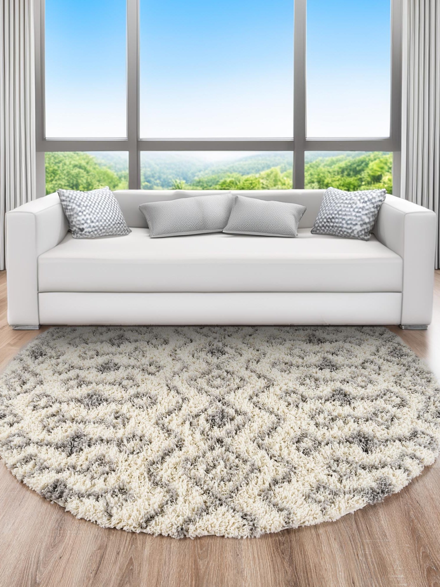 Ivory 6' 1 x 6' 1 Moroccan Trellis Shag Round Area Rug Thick Soft Touch Fluffy & Plush Shaggy Pile 100% Polypropylene Geometric Traditional Carpet for Sale at Rug Engine