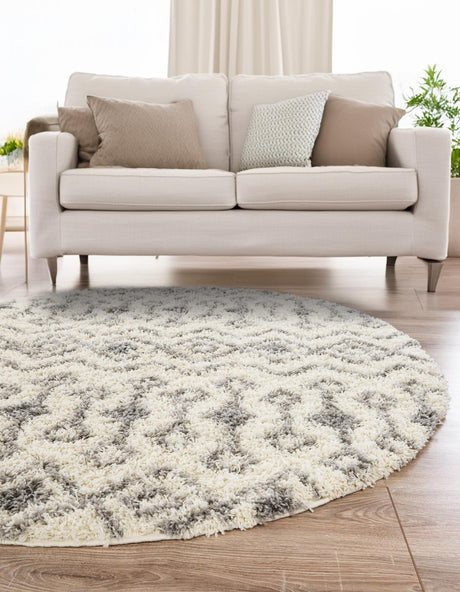 Ivory 3' 1 x 3' 1 Moroccan Trellis Shag Round Area Rug Thick Soft Touch Fluffy & Plush Shaggy Pile 100% Polypropylene Geometric Traditional Carpet for Sale at Rug Engine