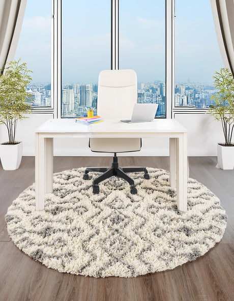 Ivory 5' 3 x 5' 3 Moroccan Trellis Shag Round Area Rug Thick Soft Touch Fluffy & Plush Shaggy Pile 100% Polypropylene Geometric Traditional Carpet for Sale at Rug Engine