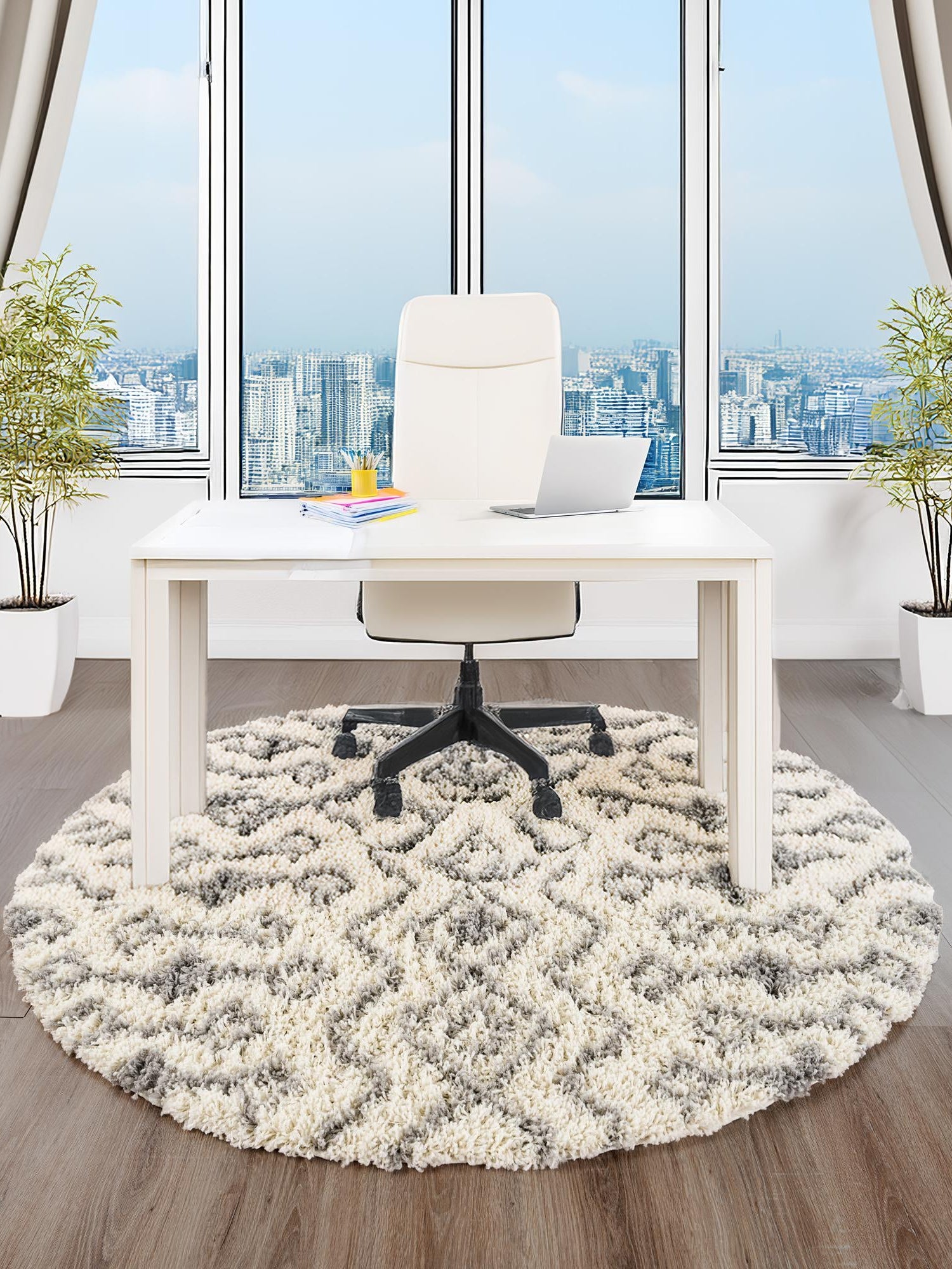 Ivory 3' 1 x 3' 1 Moroccan Trellis Shag Round Area Rug Thick Soft Touch Fluffy & Plush Shaggy Pile 100% Polypropylene Geometric Traditional Carpet for Sale at Rug Engine