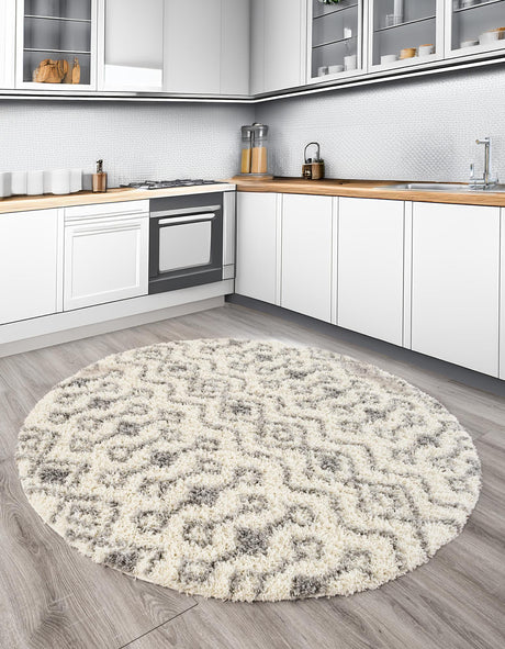 Ivory 3' 1 x 3' 1 Moroccan Trellis Shag Round Area Rug Thick Soft Touch Fluffy & Plush Shaggy Pile 100% Polypropylene Geometric Traditional Carpet for Sale at Rug Engine