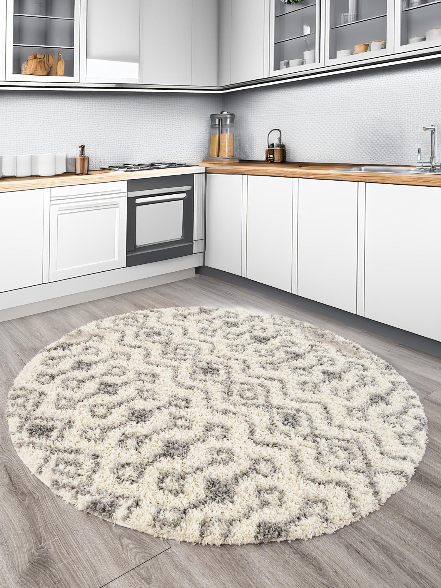 Ivory 6' 1 x 6' 1 Moroccan Trellis Shag Round Area Rug Thick Soft Touch Fluffy & Plush Shaggy Pile 100% Polypropylene Geometric Traditional Carpet for Sale at Rug Engine