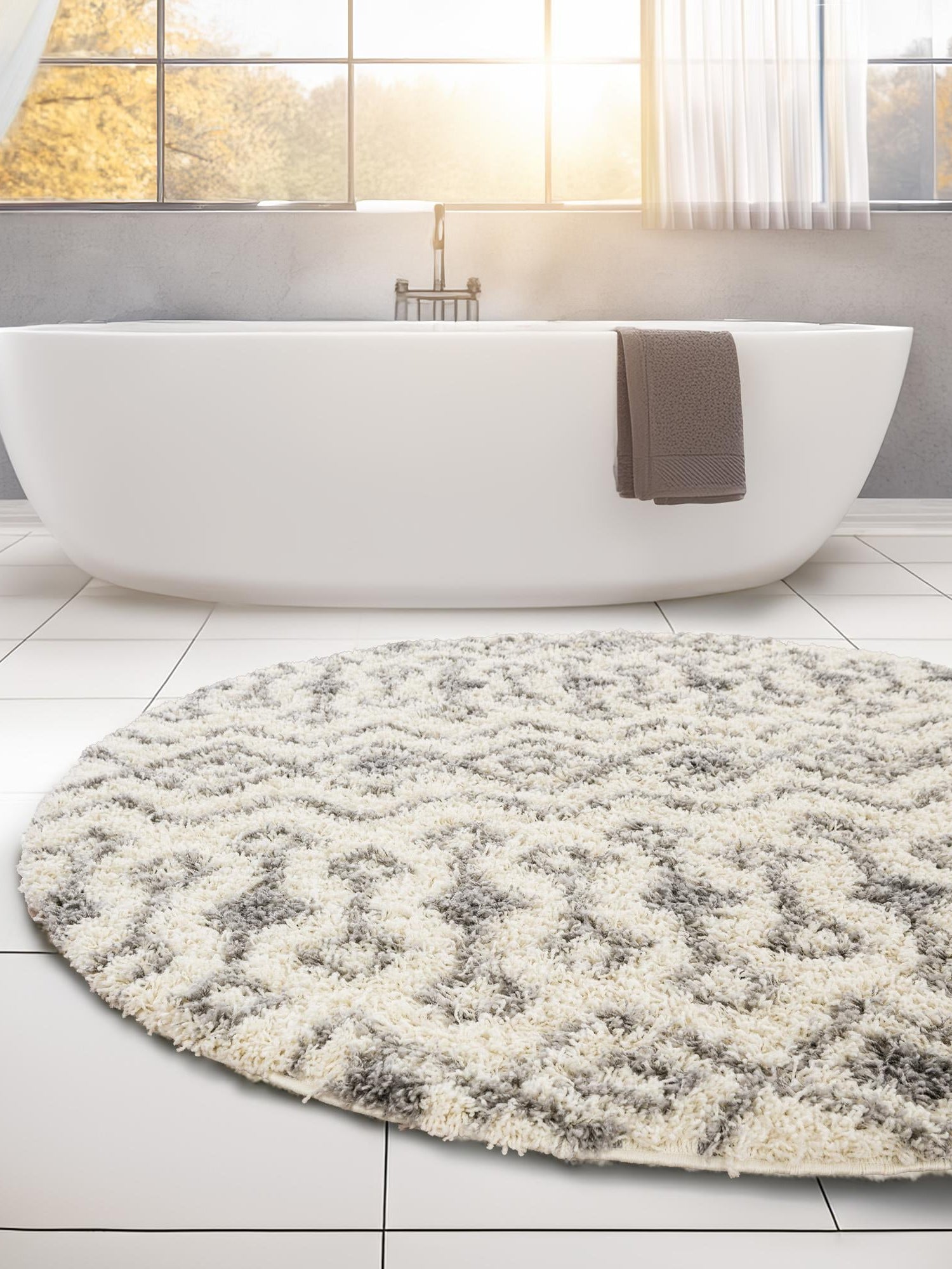 Ivory 5' 3 x 5' 3 Moroccan Trellis Shag Round Area Rug Thick Soft Touch Fluffy & Plush Shaggy Pile 100% Polypropylene Geometric Traditional Carpet for Sale at Rug Engine