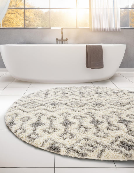 Ivory 3' 1 x 3' 1 Moroccan Trellis Shag Round Area Rug Thick Soft Touch Fluffy & Plush Shaggy Pile 100% Polypropylene Geometric Traditional Carpet for Sale at Rug Engine