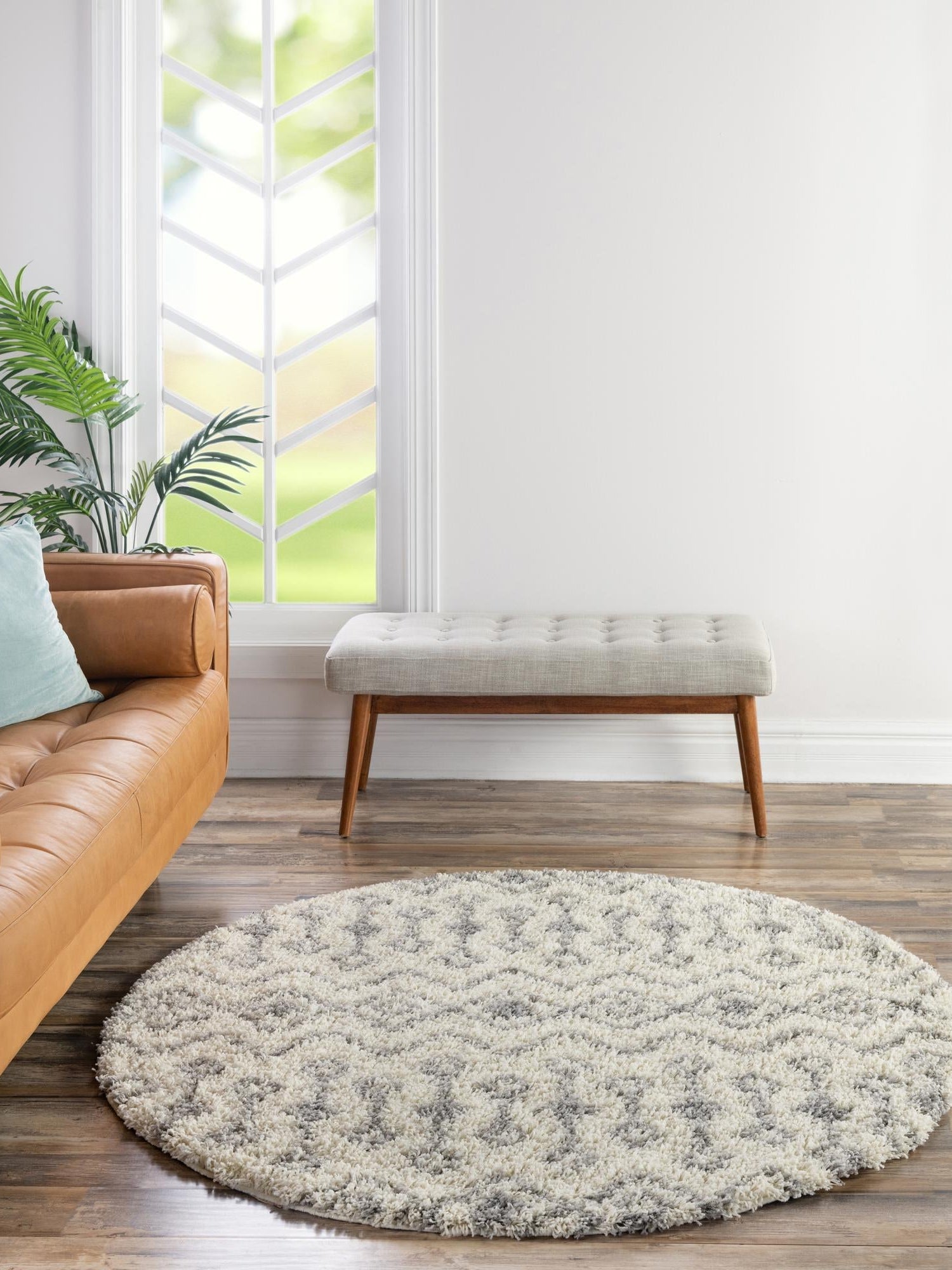 Ivory 5' 3 x 5' 3 Moroccan Trellis Shag Round Area Rug Thick Soft Touch Fluffy & Plush Shaggy Pile 100% Polypropylene Geometric Traditional Carpet for Sale at Rug Engine
