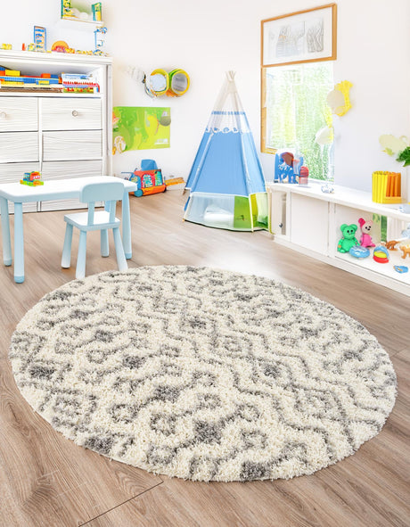 Ivory 10' x 10' Moroccan Trellis Shag Round Area Rug Thick Soft Touch Fluffy & Plush Shaggy Pile 100% Polypropylene Geometric Traditional Carpet for Sale at Rug Engine