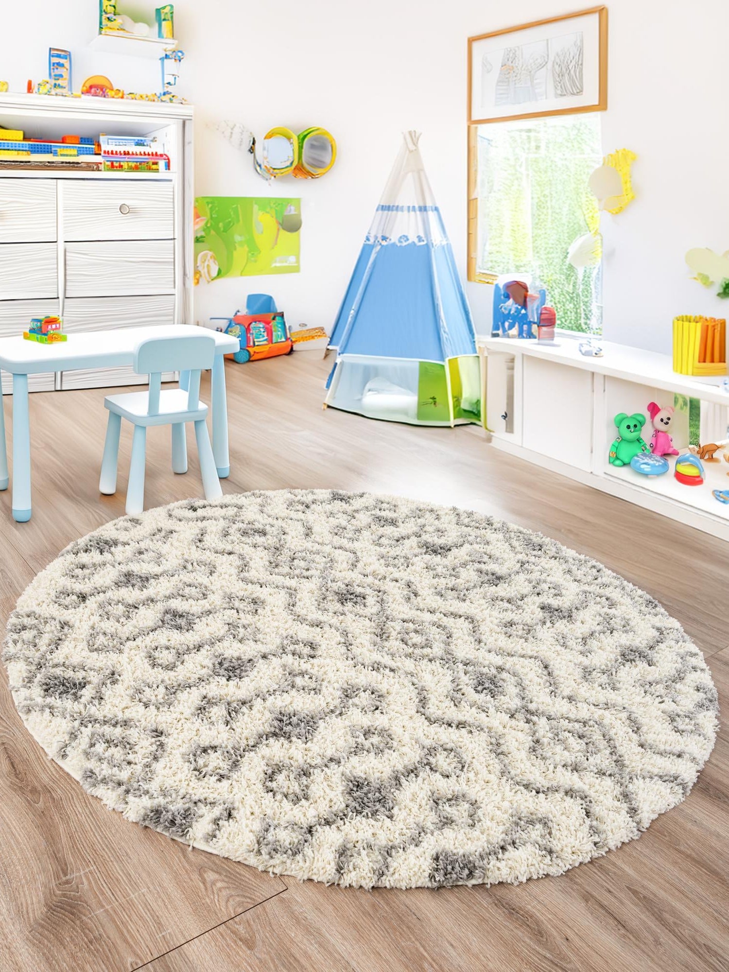 Ivory 7' 10 x 7' 10 Moroccan Trellis Shag Round Area Rug Thick Soft Touch Fluffy & Plush Shaggy Pile 100% Polypropylene Geometric Traditional Carpet for Sale at Rug Engine