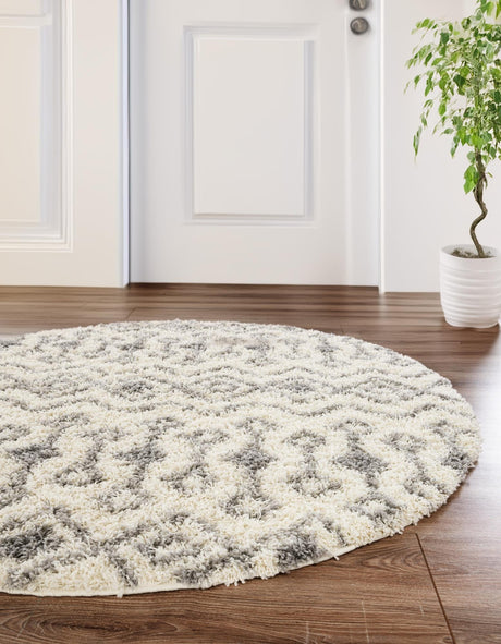 Ivory 7' 10 x 7' 10 Moroccan Trellis Shag Round Area Rug Thick Soft Touch Fluffy & Plush Shaggy Pile 100% Polypropylene Geometric Traditional Carpet for Sale at Rug Engine