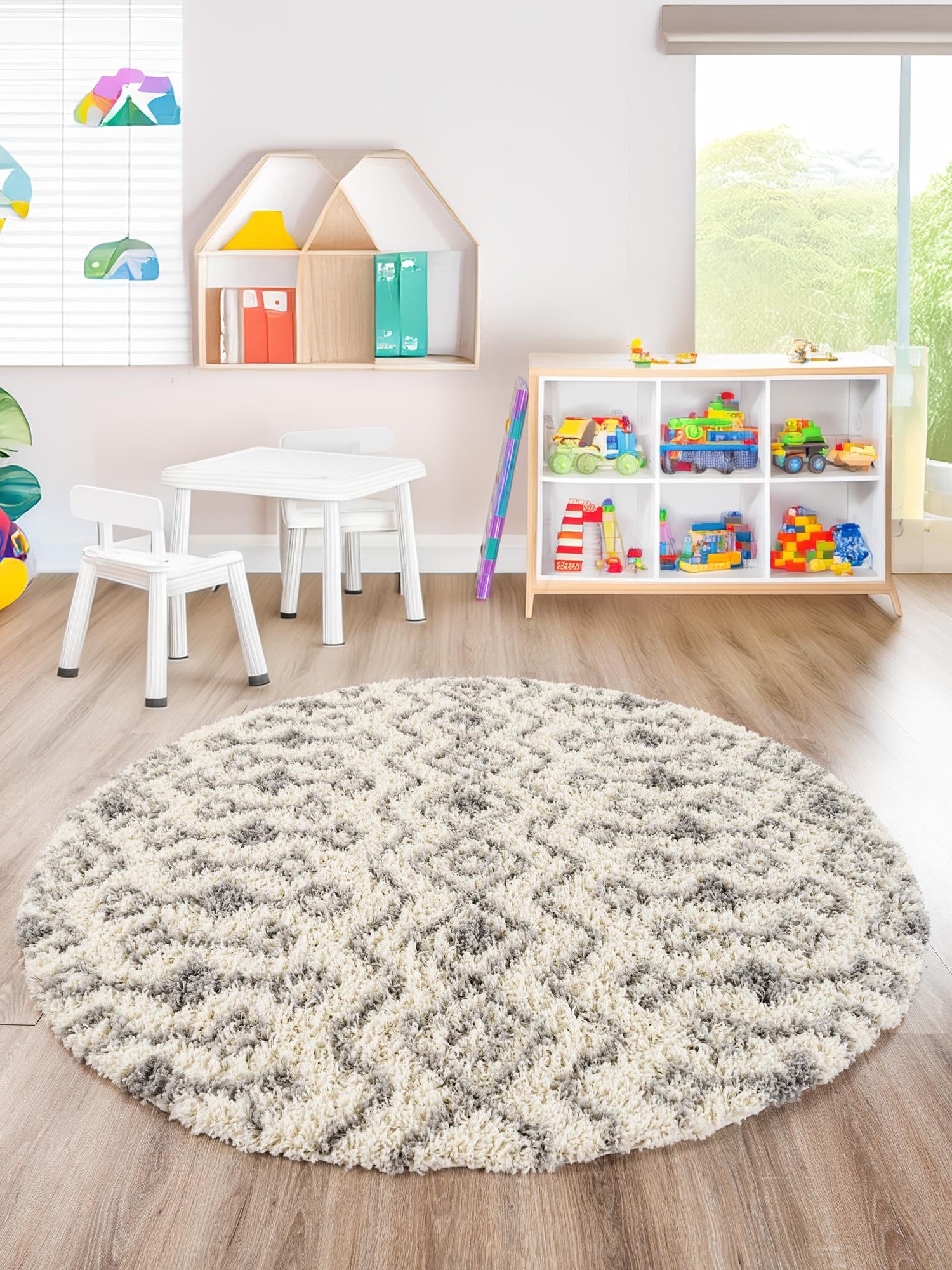 Ivory 6' 1 x 6' 1 Moroccan Trellis Shag Round Area Rug Thick Soft Touch Fluffy & Plush Shaggy Pile 100% Polypropylene Geometric Traditional Carpet for Sale at Rug Engine