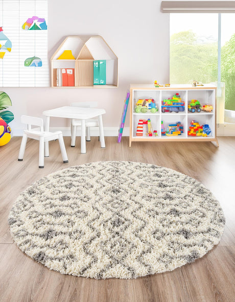 Ivory 3' 1 x 3' 1 Moroccan Trellis Shag Round Area Rug Thick Soft Touch Fluffy & Plush Shaggy Pile 100% Polypropylene Geometric Traditional Carpet for Sale at Rug Engine