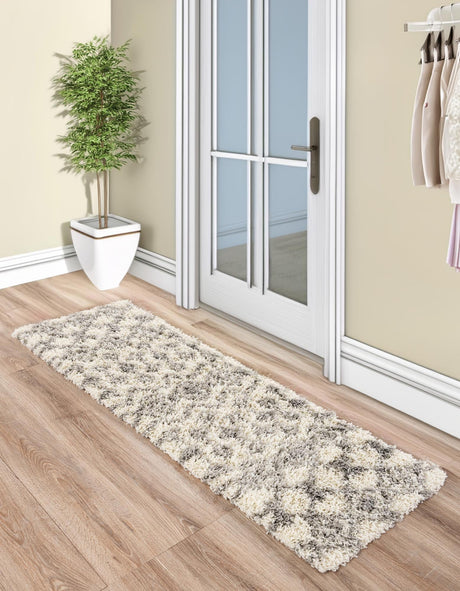 Ivory 2' x 7' 1 Moroccan Trellis Shag Runner Area Rug Thick Soft Touch Fluffy & Plush Shaggy Pile 100% Polypropylene Geometric Traditional Carpet for Sale at Rug Engine