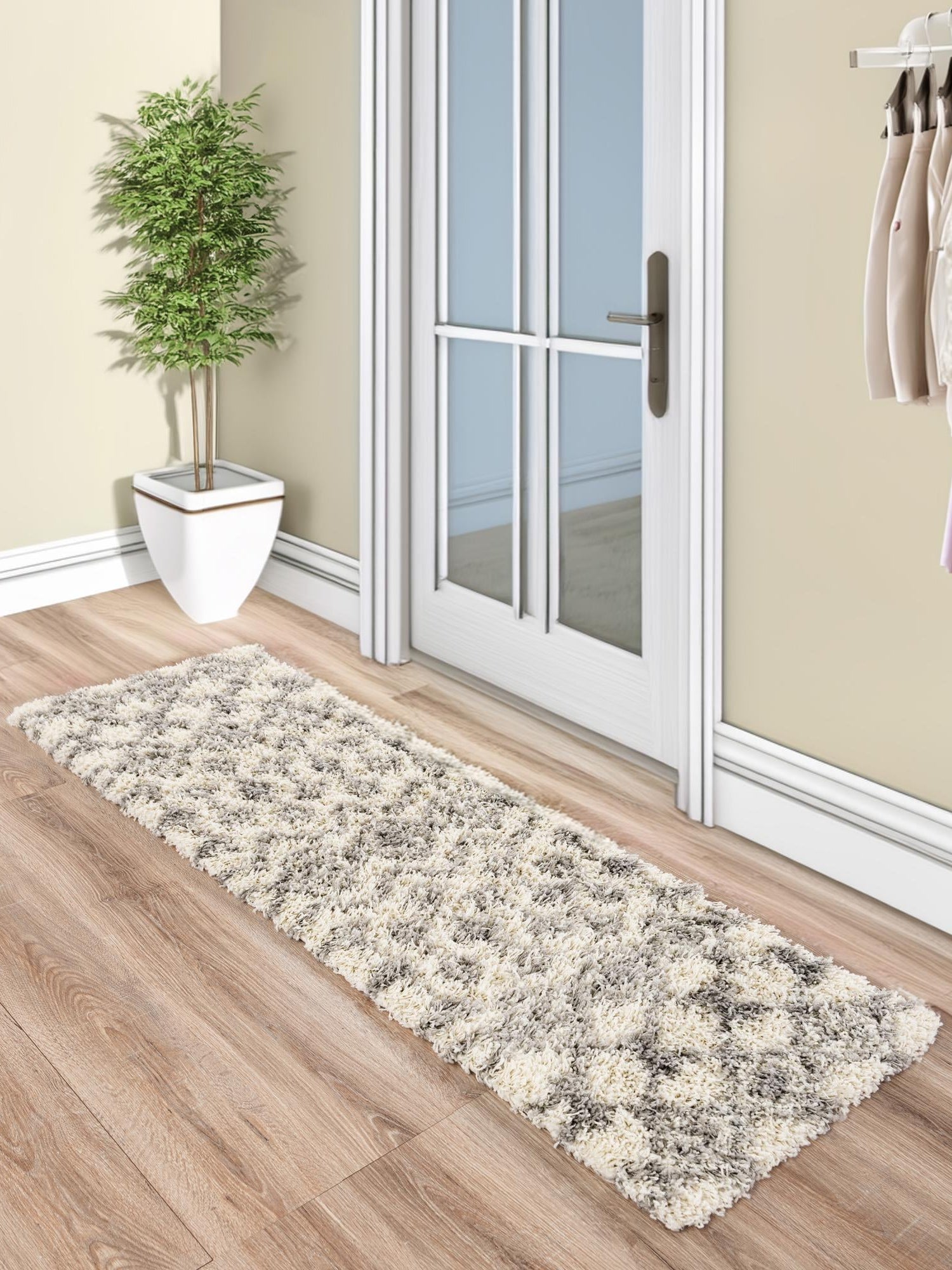 Ivory 3' 3 x 16' 5 Moroccan Trellis Shag Runner Area Rug Thick Soft Touch Fluffy & Plush Shaggy Pile 100% Polypropylene Geometric Traditional Carpet for Sale at Rug Engine