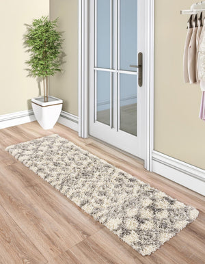 Ivory 2' x 8' Moroccan Trellis Shag Runner Area Rug Thick Soft Touch Fluffy & Plush Shaggy Pile