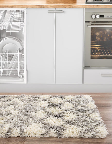 Ivory 2' x 6' 1 Moroccan Trellis Shag Runner Area Rug Thick Soft Touch Fluffy & Plush Shaggy Pile 100% Polypropylene Geometric Traditional Carpet for Sale at Rug Engine