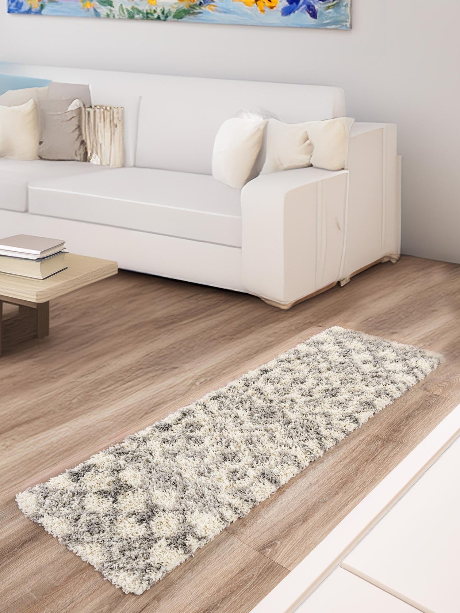 Ivory 2' x 8' Moroccan Trellis Shag Runner Area Rug Thick Soft Touch Fluffy & Plush Shaggy Pile 100% Polypropylene Geometric Traditional Carpet for Sale at Rug Engine