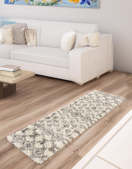 Ivory 2' x 8' Moroccan Trellis Shag Runner Area Rug Thick Soft Touch Fluffy & Plush Shaggy Pile 100% Polypropylene Geometric Traditional Carpet for Sale at Rug Engine