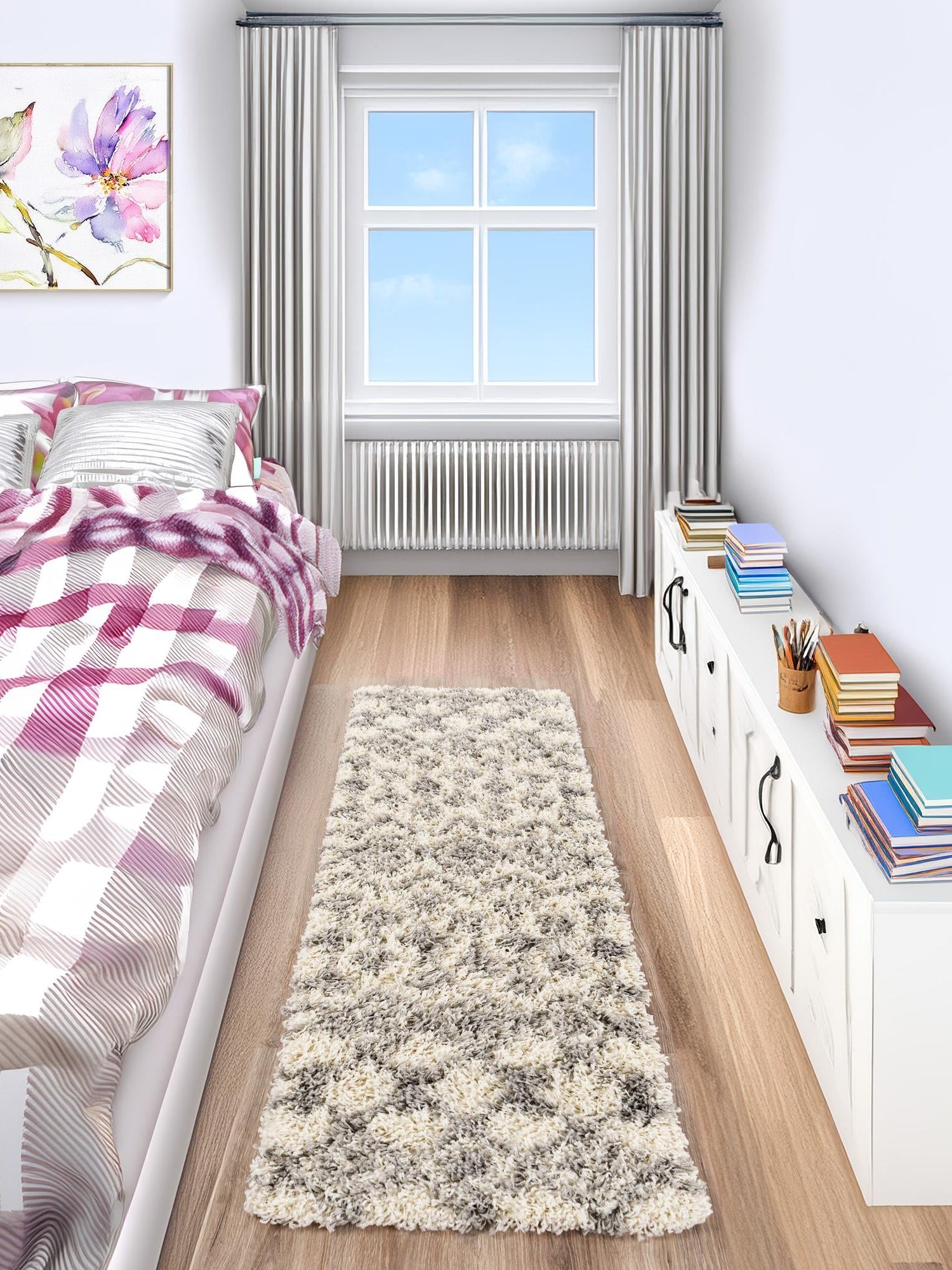 Ivory 2' 7 x 10' Moroccan Trellis Shag Runner Area Rug Thick Soft Touch Fluffy & Plush Shaggy Pile 100% Polypropylene Geometric Traditional Carpet for Sale at Rug Engine