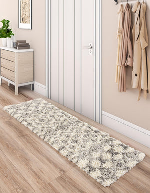 Ivory 2' 7 x 12' Moroccan Trellis Shag Runner Area Rug Thick Soft Touch Fluffy & Plush Shaggy Pile