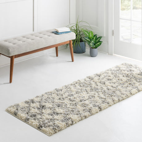 Ivory 3' 3 x 16' 5 Moroccan Trellis Shag Runner Area Rug Thick Soft Touch Fluffy & Plush Shaggy Pile 100% Polypropylene Geometric Traditional Carpet for Sale at Rug Engine