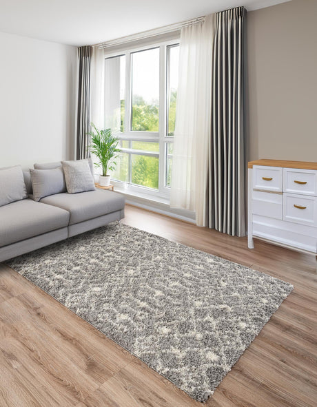 Gray 7' 10 x 10' Moroccan Trellis Shag Rectangle Area Rug Thick Soft Touch Fluffy & Plush Shaggy Pile 100% Polypropylene Geometric Traditional Carpet for Sale at Rug Engine