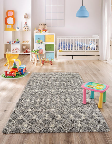 Gray 7' 10 x 10' Moroccan Trellis Shag Rectangle Area Rug Thick Soft Touch Fluffy & Plush Shaggy Pile 100% Polypropylene Geometric Traditional Carpet for Sale at Rug Engine
