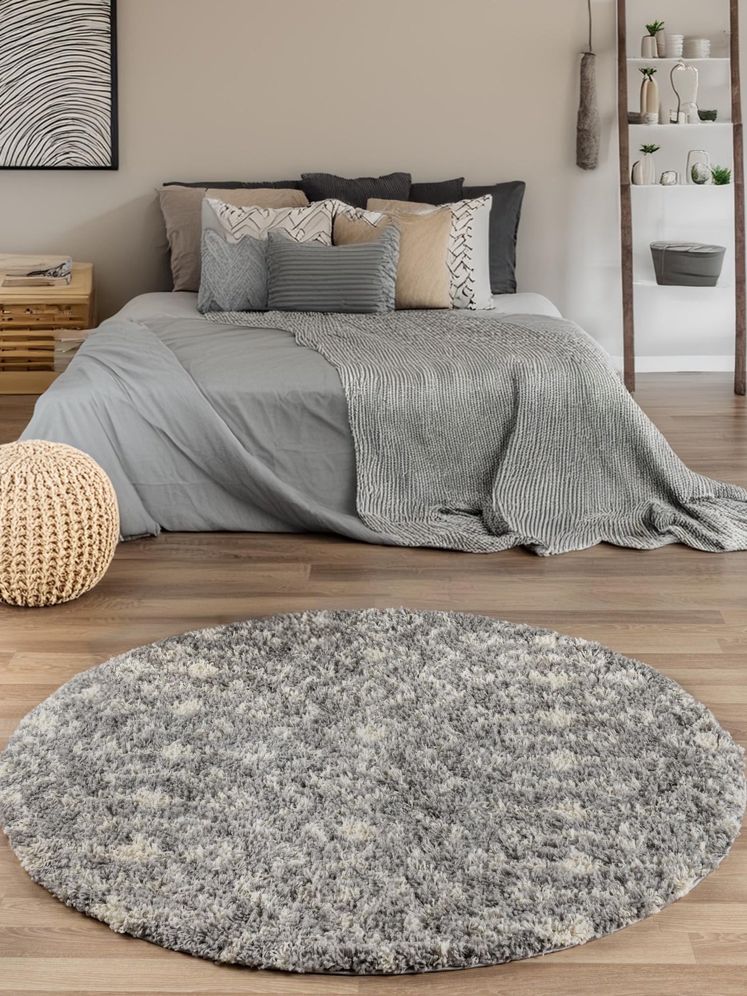 Gray 3' 1 x 3' 1 Moroccan Trellis Shag Round Area Rug Thick Soft Touch Fluffy & Plush Shaggy Pile 100% Polypropylene Geometric Traditional Carpet for Sale at Rug Engine
