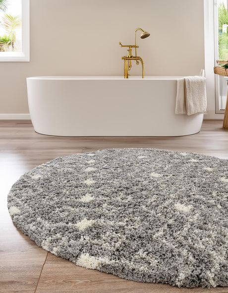 Gray 7' 10 x 7' 10 Moroccan Trellis Shag Round Area Rug Thick Soft Touch Fluffy & Plush Shaggy Pile 100% Polypropylene Geometric Traditional Carpet for Sale at Rug Engine