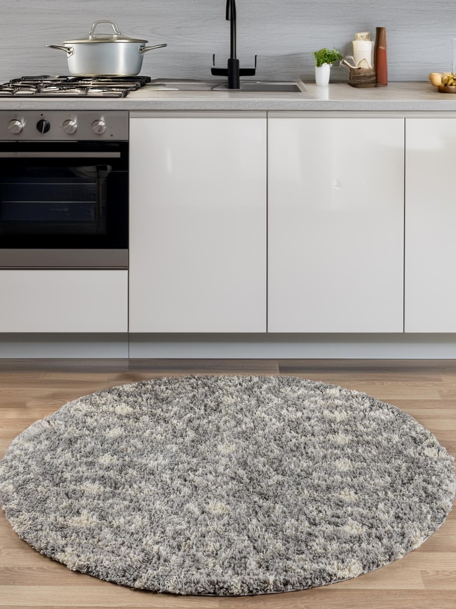 Gray 3' 1 x 3' 1 Moroccan Trellis Shag Round Area Rug Thick Soft Touch Fluffy & Plush Shaggy Pile 100% Polypropylene Geometric Traditional Carpet for Sale at Rug Engine