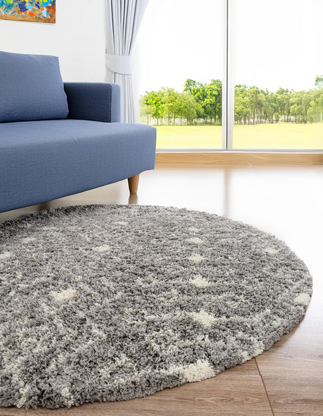 Gray 7' 10 x 7' 10 Moroccan Trellis Shag Round Area Rug Thick Soft Touch Fluffy & Plush Shaggy Pile 100% Polypropylene Geometric Traditional Carpet for Sale at Rug Engine