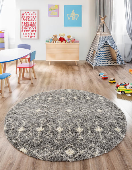 Gray 10' x 10' Moroccan Trellis Shag Round Area Rug Thick Soft Touch Fluffy & Plush Shaggy Pile 100% Polypropylene Geometric Traditional Carpet for Sale at Rug Engine