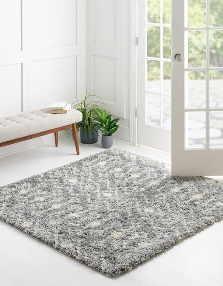 Gray 3' 1 x 3' 1 Moroccan Trellis Shag Square Area Rug Thick Soft Touch Fluffy & Plush Shaggy Pile 100% Polypropylene Geometric Traditional Carpet for Sale at Rug Engine